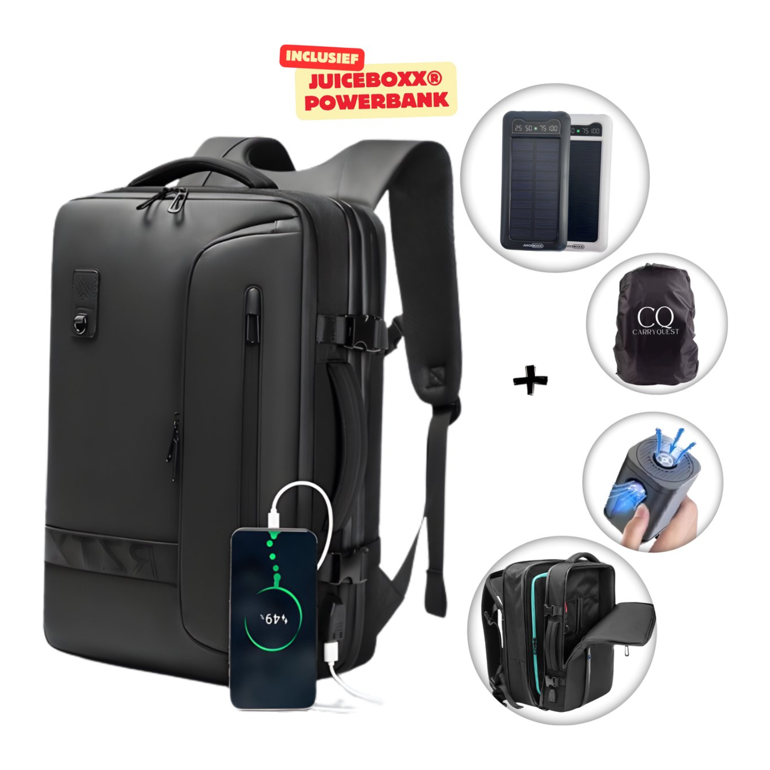 CarryQuest® - Vacuum Rugzak - RZ/TX Pro - JuiceBoxx® Powerbank en Draa
