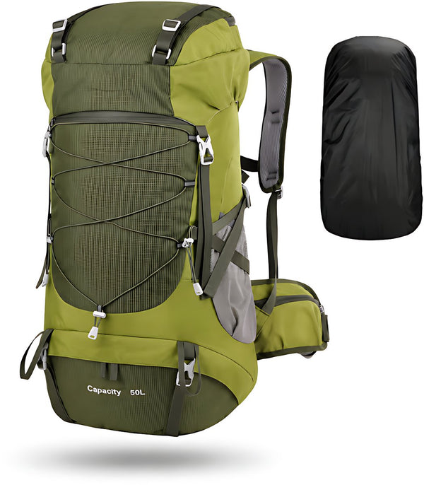 Wandelrugzak 50L waterdicht nylon met regenhoes en schoenenvak - 5 Kleuren