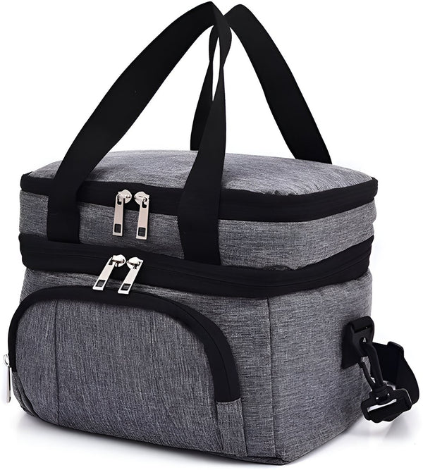 CarryQuest® - Geïsoleerde Koeltas - Lunchtas - Geïsoleerde Lunchtas - Dubbel Compartiment + 8 Uur Isolatie - Waterdicht Oxford - Thermische Lunchbox - Met Verstelbare Riem - Grijs