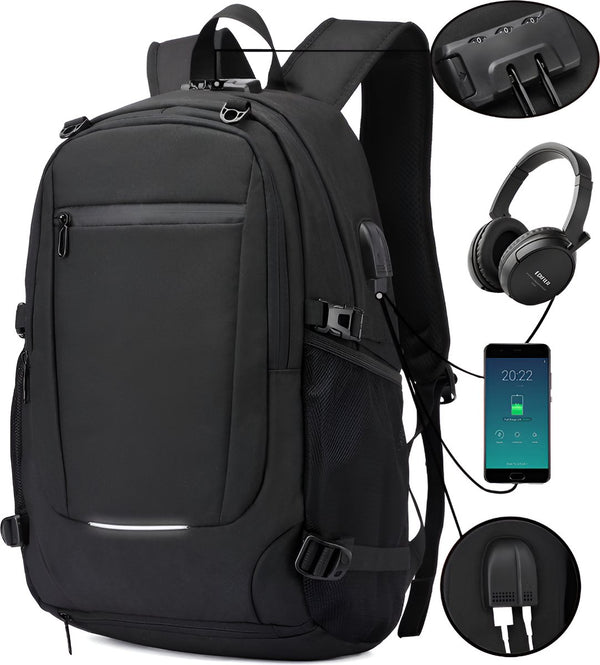 CarryQuest® - Neutrale Waterdichte Rugzak van Duurzaam Nylon - 32L Capaciteit - Laptopvak 12-15,6 inch - USB-Oplaadpoort - Antidiefstal Slot - Zwart