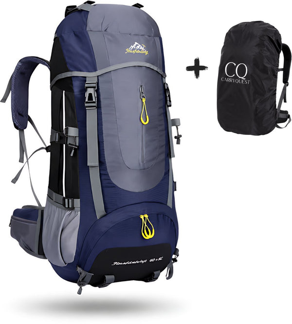 CarryQuest® 70L Camping Rugzak - Grote Hiking Backpack met Regenhoes, Rugventilatie, Front-/Toploader & Meerdere Vakken - 3 Kleuren