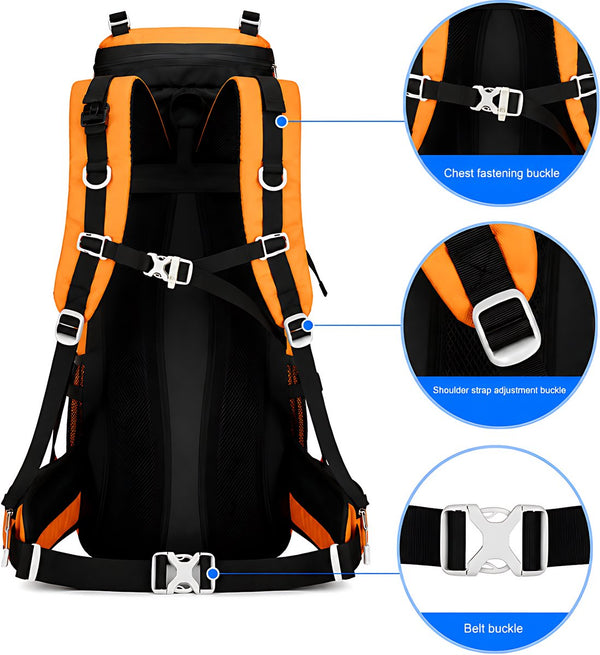 Wandelrugzak 60L nylon met drinksysteem en regenhoes - 5 Kleuren