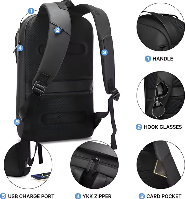 CarryQuest® - Multi-laags Ruimte Zakenrugzak - USB Oplaadfunctie + Laptopcompartiment tot 15,6 inch - Comfortabele Schouderbanden - Zwart