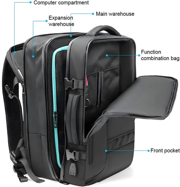 CarryQuest® - Vacuüm Rugzak RZ/TX - JuiceBoxx® Powerbank - Draadloze Pomp - handbagage rugzak - Zwart - Vliegtuig, Koffer, Reisrugzak, - Waterdichte Reistas - Reizen, Zaken, Zakenreizen, Weekend