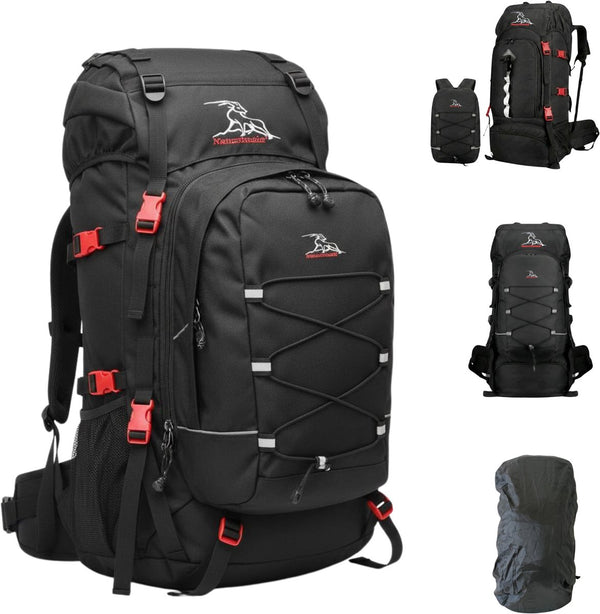 Mauritania® - Trekkingrugzak 70L-100L uitbreidbaar met aluminium frame en afneembare dagrugzak Zwart