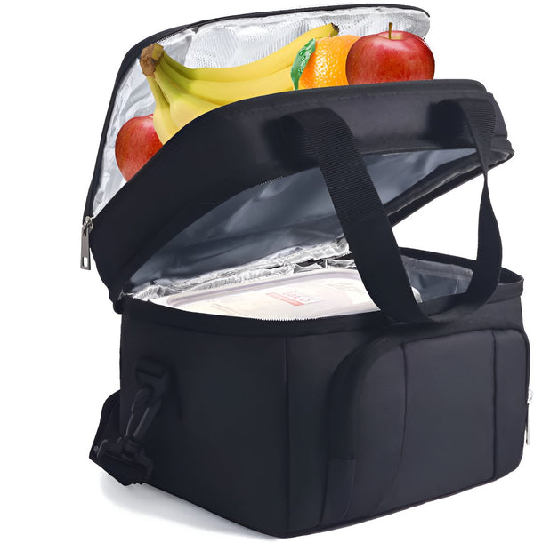 CarryQuest® - Geïsoleerde Koeltas - Lunchtas - Geïsoleerde Lunchtas - Dubbel Compartiment + 8 Uur Isolatie - Waterdicht Oxford - Thermische Lunchbox - Met Verstelbare Riem - Zwart
