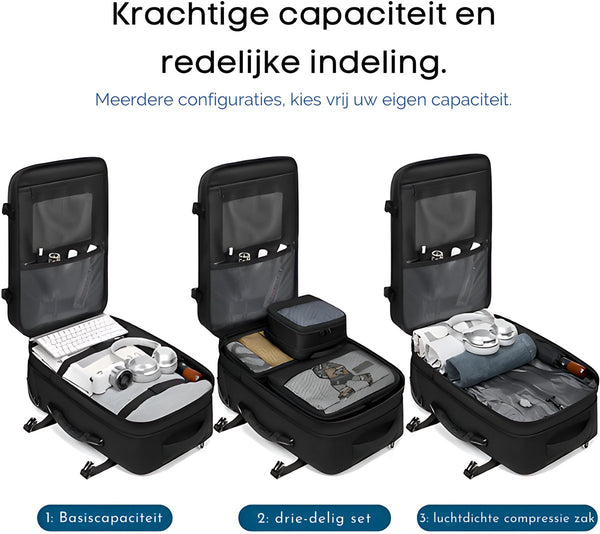 Vacuüm Handbagage Rugzak 65L compressiesysteem TSA-slot laptopvak 17.3 inch Zwart