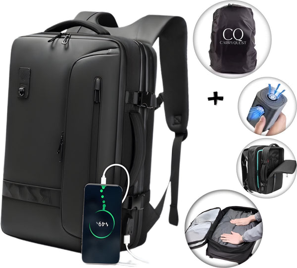 Vacuüm handbagage rugzak 60L met compressiesysteem en laptopvak 17.3 inch Zwart
