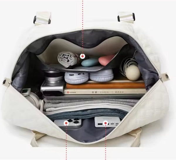 CarryQuest® - Weekender Handbagage-Perfecte reistas voor stijlvolle vrouwen!-Hoogwaardig nylon-Trolley sleeve-Natte tas-27x55x18cm-0,55kg-Zacht-Handbagage - Wit