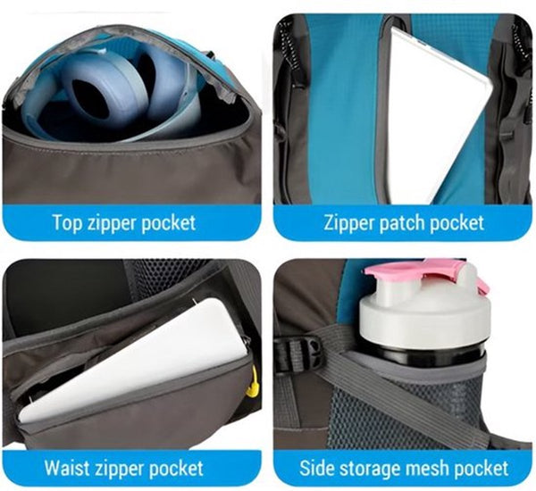 Bergbeklimmingsrugzak 70L waterdicht nylon met regenhoes en rugventilatie - 5 Kleuren
