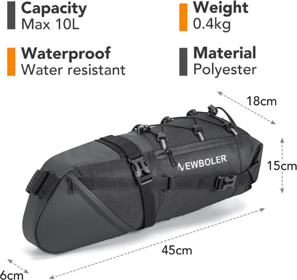 CarryQuest® - Fietstas - Waterdicht - Zwart - 10L - Fietsaccessoires - Fiets Tas - Fiets Reis - Fiets Transport - Fiets Waterdicht - Fiets Duurzaam - Fiets Flexibiliteit - Gratis Verzending