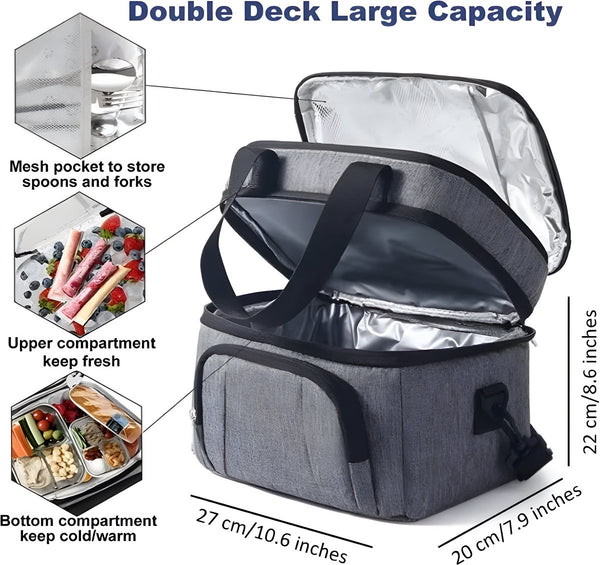 CarryQuest® - Geïsoleerde Koeltas - Lunchtas - Geïsoleerde Lunchtas - Dubbel Compartiment + 8 Uur Isolatie - Waterdicht Oxford - Thermische Lunchbox - Met Verstelbare Riem - Zwart