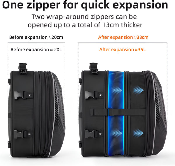 CarryQuest® - Motor Rugzak - Zadeltas Motor - Motorfiets Rugzak Achterzit - Motorrugzak - Waterdicht, Lichtgewicht, Uitbreidbaar van 20 tot 35L - Carbon Textuur - EVA Hard Shell Bescherming - Carbon