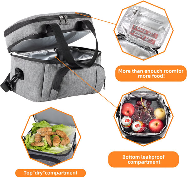 CarryQuest® - Geïsoleerde Koeltas - Lunchtas - Geïsoleerde Lunchtas - Dubbel Compartiment + 8 Uur Isolatie - Waterdicht Oxford - Thermische Lunchbox - Met Verstelbare Riem - Zwart
