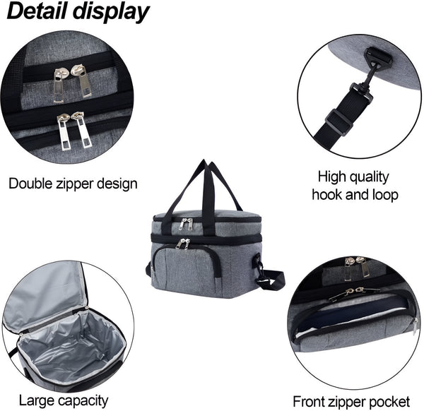 CarryQuest® - Geïsoleerde Koeltas - Lunchtas - Geïsoleerde Lunchtas - Dubbel Compartiment + 8 Uur Isolatie - Waterdicht Oxford - Thermische Lunchbox - Met Verstelbare Riem - Grijs
