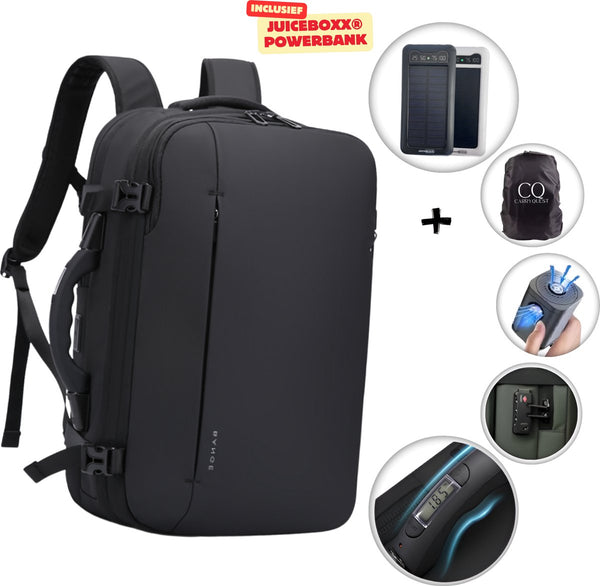 CarryQuest® - Vacuüm Rugzak B-Pro - Handvat Weegschaal - incl. Powerbank JuiceBoxx® - Draadloze Pomp - handbagage rugzak - Zwart - Vliegtuig, Koffer, Reisrugzak, - Waterdichte Reistas - Reizen, Zaken, Zakenreizen, Weekend
