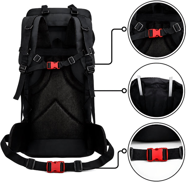 Mauritania® - Trekkingrugzak 70L-100L uitbreidbaar met aluminium frame en afneembare dagrugzak Zwart