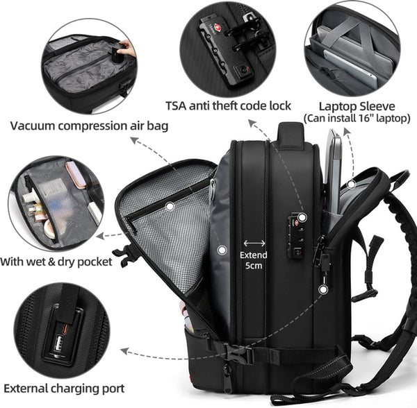 Reisrugzak vacuum compressie 48L met laptopvak 16 inch TSA-slot USB - 2 Kleuren en 2 Uitvoeringen