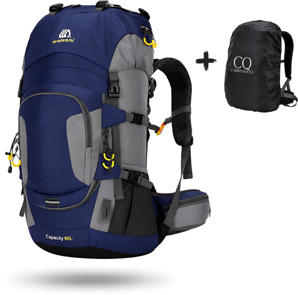 Wandelrugzak 60L waterbestendig met regenhoes, mesh rugpanelen en heupband - 4 Kleuren