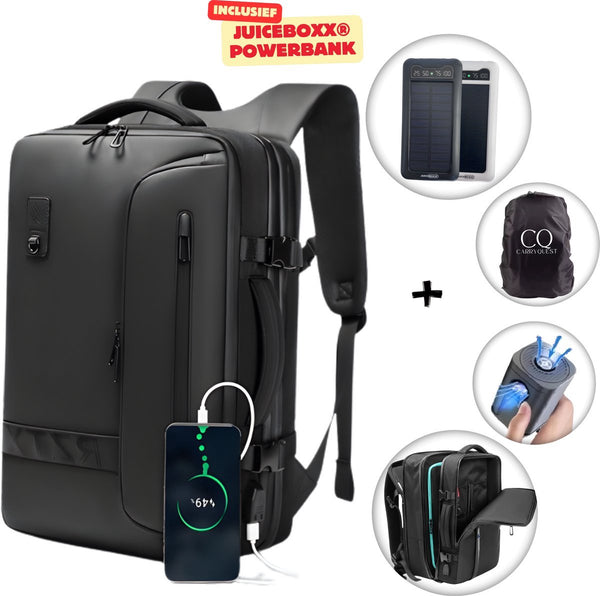 CarryQuest® - Vacuüm Rugzak RZ/TX - JuiceBoxx® Powerbank - Draadloze Pomp - handbagage rugzak - Zwart - Vliegtuig, Koffer, Reisrugzak, - Waterdichte Reistas - Reizen, Zaken, Zakenreizen, Weekend