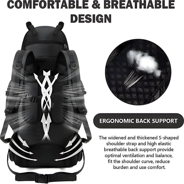 Wandelrugzak 90L nylon met regenhoes en rugventilatie - 5 Kleuren