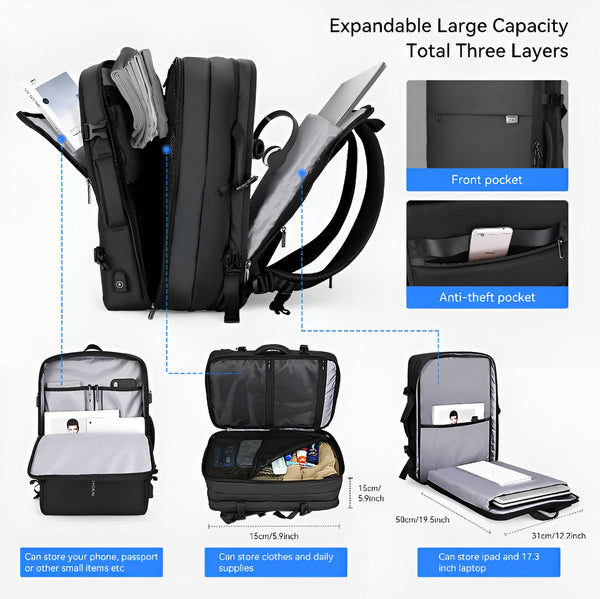 Herenrugzak 40L uitbreidbaar 17,3 inch laptopvak USB lichtgewicht nylon/Oxford - 3 Kleuren