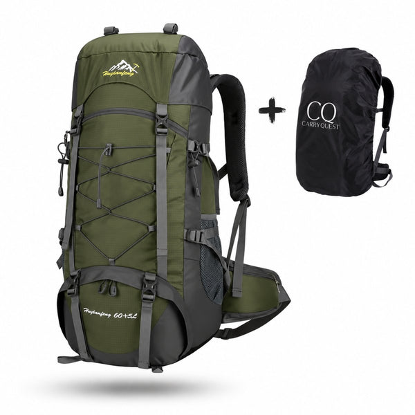 Trekkingrugzak 65L met regenhoes en schoenentas polyester met rugventilatie - 5 Kleuren