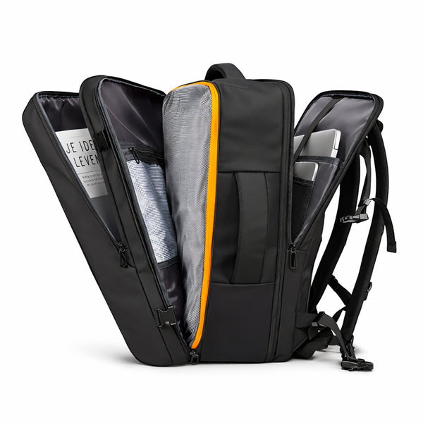 CarryQuest® - B-pro Reisrugzak - Handbagage rugzak 33-45L - 180° opening - uitbreidbaar - laptopvak - waterafstotend - nat/droog vak - Zwart