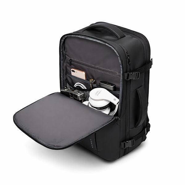 CarryQuest® - B-pro Reisrugzak - Handbagage rugzak 33-45L - 180° opening - uitbreidbaar - laptopvak - waterafstotend - nat/droog vak - Zwart
