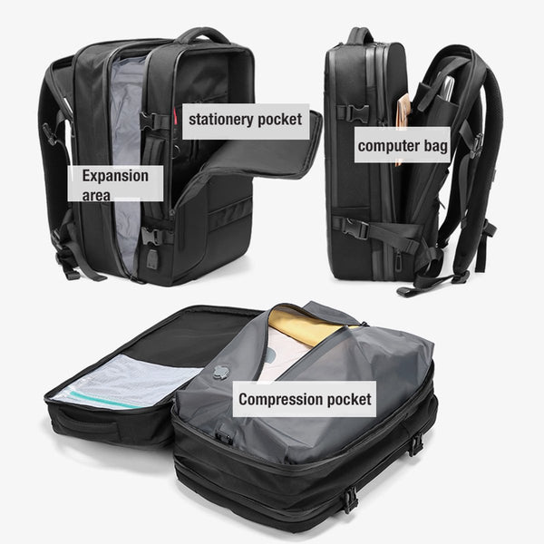 Vacuüm handbagage rugzak 60L met compressiesysteem en laptopvak 17.3 inch Zwart