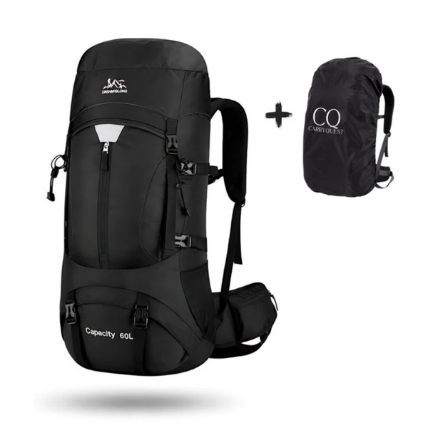 CarryQuest® 60L Hiking Rugzak - Waterdichte Trekking Backpack met Regenhoes, Drinksysteem, MOLLE-Systeem & Front-/Toploader - Zwart