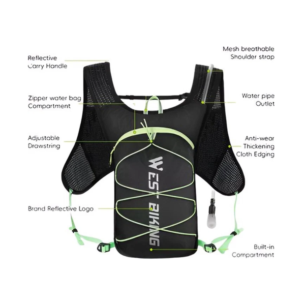 CarryQuest® -  7L Ultralichte Fietsrugzak + 2L Water Bag - Waterbestendige Nylon/PU Mini Backpack - Rugventilatie - Verstelbare Schouderbanden - 28x18x10 cm - Zwart