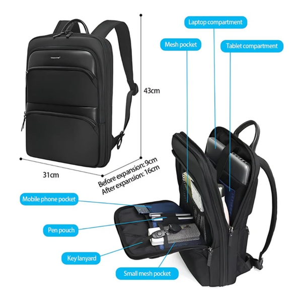 CarryQuest® - 15.6inch Laptop Rugzak - Uitbreidbare Rugzak voor Mannen - Waterdicht Nylon + Ergonomisch Ontwerp - Zwart