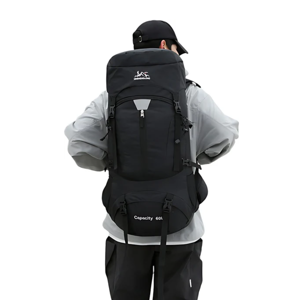 CarryQuest® 60L Hiking Rugzak - Waterdichte Trekking Backpack met Regenhoes, Drinksysteem, MOLLE-Systeem & Front-/Toploader - Zwart