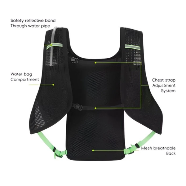 CarryQuest® -  7L Ultralichte Fietsrugzak + 2L Water Bag - Waterbestendige Nylon/PU Mini Backpack - Rugventilatie - Verstelbare Schouderbanden - 28x18x10 cm - Zwart