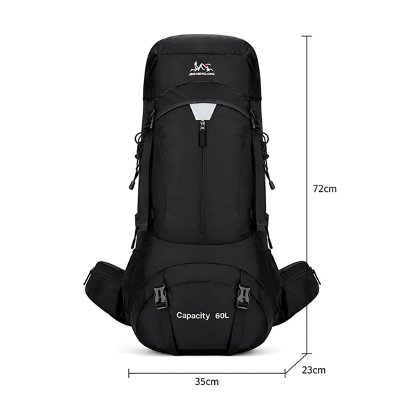 CarryQuest® 60L Hiking Rugzak - Waterdichte Trekking Backpack met Regenhoes, Drinksysteem, MOLLE-Systeem & Front-/Toploader - Zwart