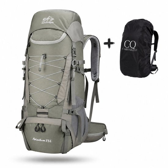 CarryQuest® 75L Campingrugzak - Waterdichte Travel Backpack met Regenhoes, Schoenenvak, Laptopvak & Rugventilatie - Grijs