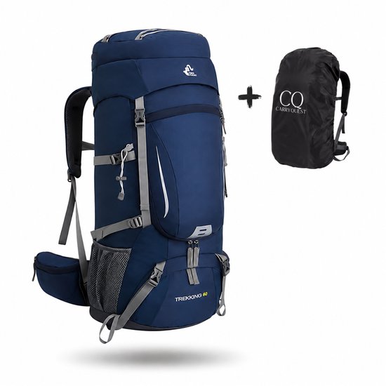 CarryQuest® 60L Wandelrugzak - Waterdichte Hiking Backpack met Regenhoes, Schoenenvak, Rugventilatie & Toploader - Blauw