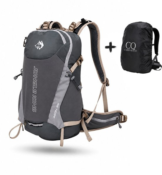 CarryQuest® - 35L Unisex Wandelrugzak - Lichtgewicht Nylon Hiking Backpack met Regenhoes, Rugventilatie, Ademend Draagcomfort & Meerdere Vakken - 50x33x19 cm - Grijs