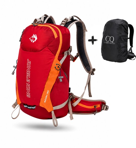 CarryQuest® - 35L Unisex Wandelrugzak - Lichtgewicht Nylon Hiking Backpack met Regenhoes, Rugventilatie, Ademend Draagcomfort & Meerdere Vakken - 50x33x19 cm - Rood