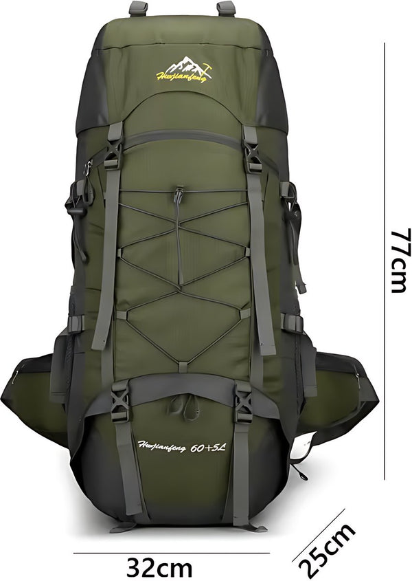 Trekkingrugzak 65L met regenhoes en schoenentas polyester met rugventilatie - 5 Kleuren