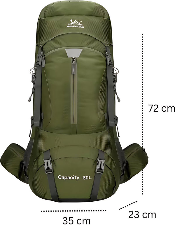 Trekking Rugzak 60L met MOLLE-systeem, Regenhoes en Front-/Toploader - 6 Kleuren